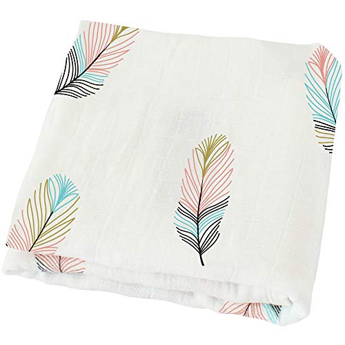 LifeTree Baby Swaddle Blanket, Feather Print Unisex Muslin Swaddle Blankets, Soft Silky Bamboo Cotton Muslin Swaddle Wrap for Boys and Girls, Large 47 x 47 inches
