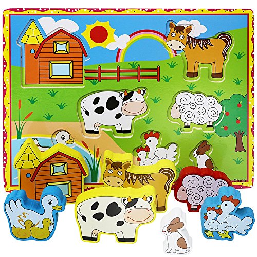 Book Cover Lewo Chunky Wooden Puzzle for Toddlers Barnyard Farm Animals Jigsaws (7 pcs)