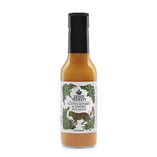 Queen Majesty Scotch Bonnet & Ginger Hot Sauce, 5 oz - All Natural Scotch Bonnet, Habanero, & Ginger Condiment - Vegan, Kosher, Gluten Free, non GMO, No Sugar, Award Winning & Featured on Hot Ones