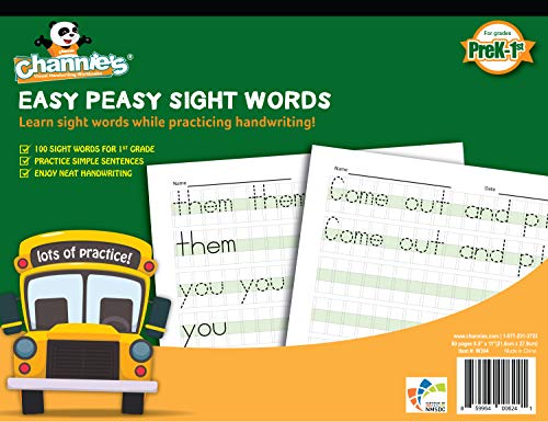Channie's Easy Peasy 100 Sight Words Workbook, Practice Printing, Tracing, and Handwriting, 80 Pages Front & Back, 40 Sheets, Grades Pre-K - 1st, Size 8.5" x 11"