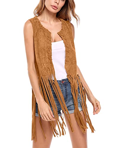 Hotouch Women Fringe Vest Faux Suede Tassels 70s Hippie Clothes Open-Front Sleeveless Vest Cardigan Female