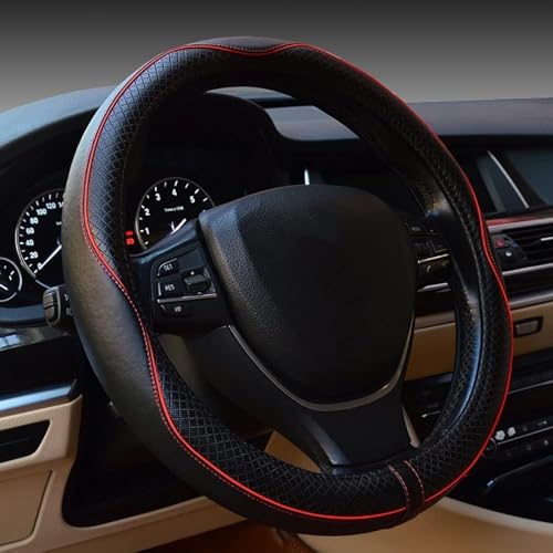 Yunanwa Universal 15 Inch Car Steering Wheel Cover Protector Genuine Leather Heavy Duty Durable Sporty Wave Pattern (Black+Red)