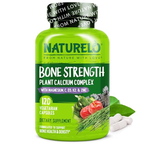 NATURELO Bone Strength - Plant-Based Calcium, Magnesium, Potassium, Vitamin D3, VIT C, K2 - GMO, Soy, Gluten Free Ingredients - Best Whole Food Supplement for Bone Health - 120 Vegetarian Capsules