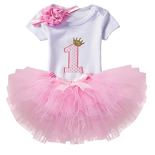 NNJXD Girl Newborn Crown Tutu 1st Birthday 3 Pcs Outfits Romper+Dress+ Headband Size (1) 1 Year Pink