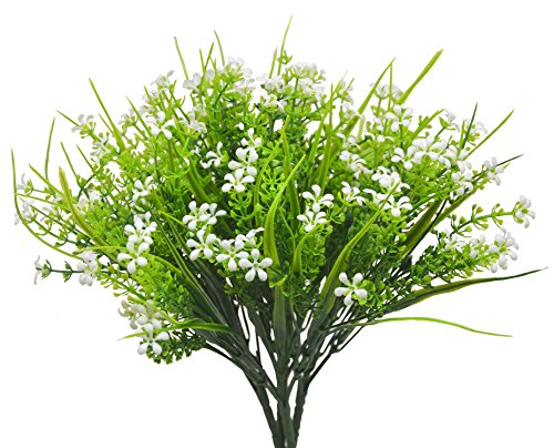 Artificial Flowers Plants, 4pcs Faux Plastic Shrub Bouquet Simulation Greenery Bushes Indoor Outside Home Garden Office Wedding Decor (JLX White)