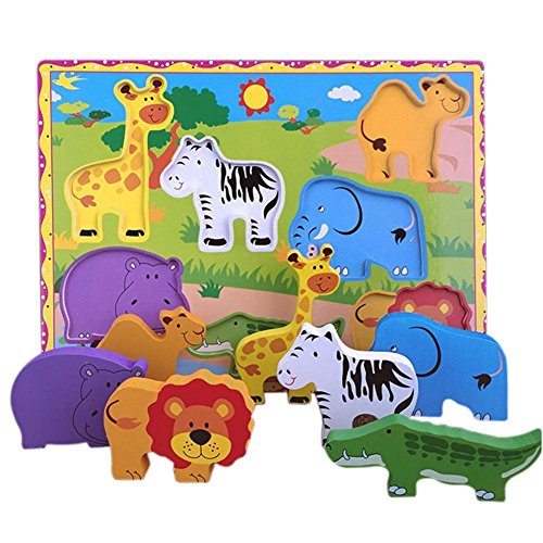 Book Cover Lewo Wooden Wild Animals Chunky Puzzle for Toddlers Preschool Learning Educational Toys 7 Pcs (Wild Animal)