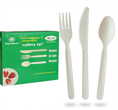 GreenWorks 100% Compostable 7" CPLA Cutlery Set,150 Ct(50 Forks,50 Spoons,50 Knives) Heavyweight Large Disposable Biodegradable Bio-Based Plastic Utensils Silverware Combo