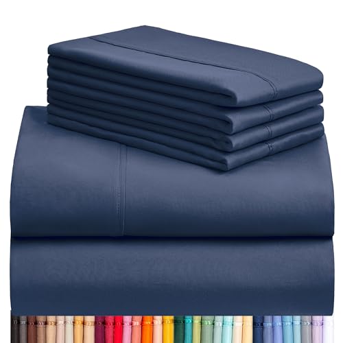 LuxClub 6 PC Sheet Set Bamboo Sheets Deep Pockets 18" Eco Friendly Wrinkle Free Sheets Hypoallergenic Anti-Bacteria Machine Washable Hotel Bedding Silky Soft - Navy Queen