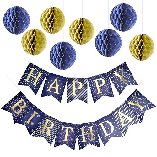 Enfy Happy Birthday Banner Party Decorations with 8 Tissue Paper Pom Pom Balls – Premium Quality Blue Bunting Banner With Shiny Gold Letters – Party Supplies – for Kids and Adults
