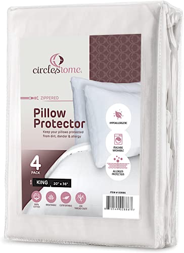 Book Cover Zippered Pillow Protectors 100% Cotton, Breathable & Quiet (4 Pack) White Pillow Covers Protects from Dirt, Debris (King - Set of 4 - 20x36)