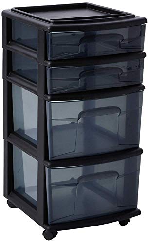 Book Cover HOMZ Plastic 4 Drawer Medium Cart, Black Frame with Smoke Tint Drawers, Casters Included, Set of 1