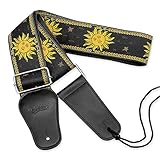 BestSounds Guitar Strap, Vintage Embroidered Sun Straps with Genuine Leather Ends Guitar Shoulder Strap for Bass, Acoustic,Classical & Electric Guitar (Black)