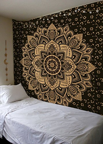 Madhu International Cotton Handicrafts Hippie Mandala Tapestry - Indian Bohemian Mandala Tapestries For Wall Hanging, Beach Throw, Bedsheet, Table Cover, Yoga Mat -Twin, Black