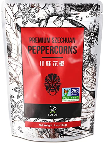 Book Cover Soeos Sichuan Peppercorns, 4oz(113g), Authentic Szechuan Red Peppercorn, Numbing and Tingle Effect, Less Seeds, Strong Flavor, Essential for Mapo Tofu, Kung Pao Chicken and Asine Cusine
