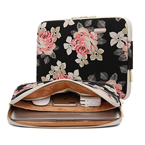 KAYOND Black Rose Patten Canvas Water Repellent 11 Inch Laptop Sleeve