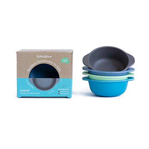 Bobo&Boo Bamboo Kids Snack Bowls, Set of 4 Bamboo Dishes, Non Toxic, Eco Friendly & Stackable Kids Snack Containers, Great Gift for Baby Showers, Birthdays & Preschool Graduations,Coastal