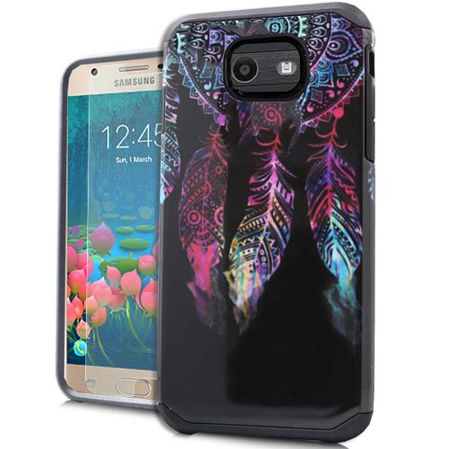 Book Cover TJS Case Compatible for Samsung Galaxy J7 Sky Pro/Galaxy J7 Perx/Galaxy J7 V/Galaxy Halo/Galaxy J7 Prime, with TJS [Tempered Glass Screen Protector] Dual Layer Hybrid Shockproof Armor Cover (Mandala)