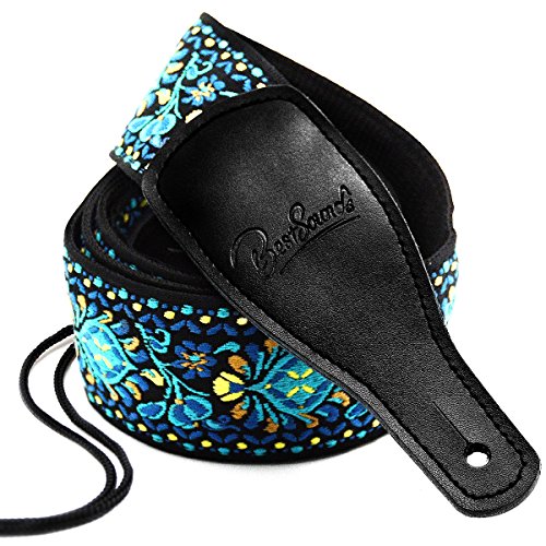 Book Cover Guitar Strap Jacquard Weave Hootenanny Style & Genuine Leather Ends- Woven Braided Adjustable Strap (HJGS-0A)