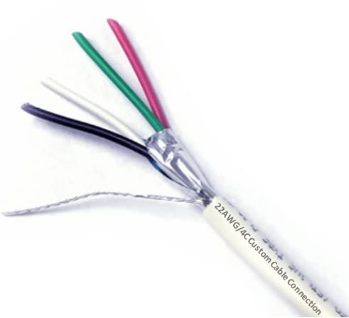 Custom Cable Connection 22 AWG 4 Conductor Stranded Shielded Plenum Cable White CL3P Jacket for Security/Alarm/Access Control/Sound - 100 Foot Roll in a Bag