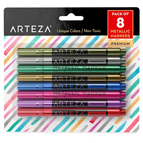 Arteza Wine Glass Markers, Set of 8 Metallic Pens, Quick-Drying Erasable Markers for Wine Glasses, Glass Boards and Other Surfaces, For Decorating, Brainstorming, and Labelling