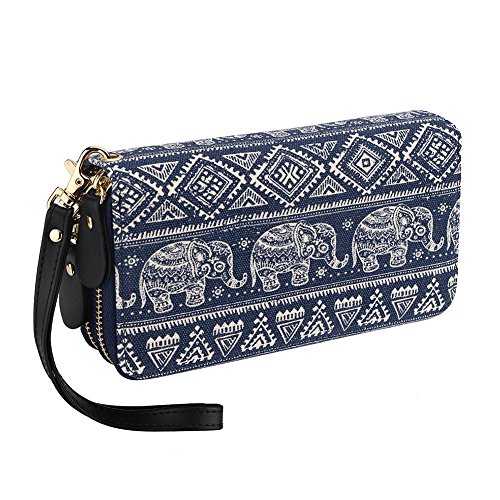 Bohemian Purse Wallet Canvas Elephant Pattern Handbag with Coin Pocket and Strap