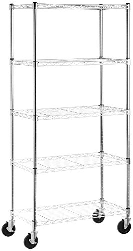 AmazonBasics 5-Shelf Shelving Storage Unit on 4'' Wheel Casters, Metal Organizer Wire Rack, Chrome Silver