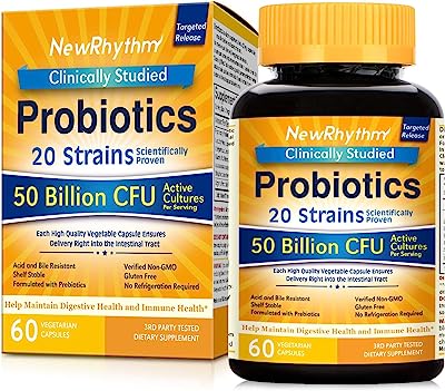 NewRhythm Probiotics 50 Billion CFU 20 Strains, 60 Veggie Capsules, Targeted Release Technology, Stomach Acid Resistant, No Need for Refrigeration, Non-GMO, Gluten Free