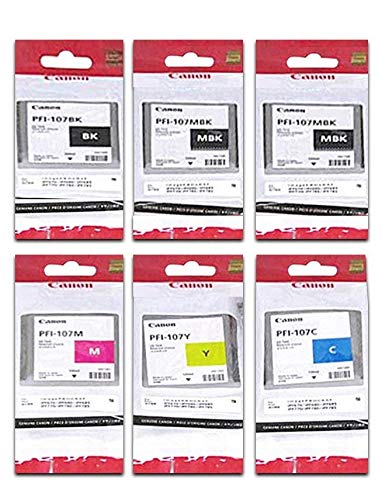 PFI-107 Set Genuine Canon PFI-107 6 Pack 5 Colors Ink Tanks 2 PFI-107MBK,1 PFI-107BK PFI-107C PFI-107Y PFI-107M by Canon in Retail Packaging