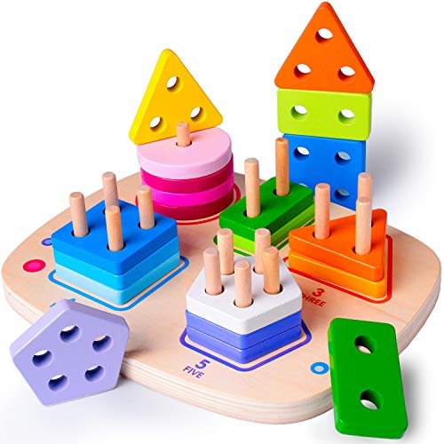 rolimate Wooden Educational Toys for 3 4 5 Year Old Boys Girls Toddler Shape Sorter Geometric Block Sorting & Stacking Toys Parent-Child Interaction Montessori Preschool Toy Travel Toy
