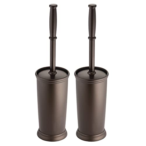mDesign Compact Freestanding Plastic Toilet Bowl Brush and Holder for Bathroom Storage and Organization - Space Saving, Sturdy, Deep Cleaning, Covered Brush, 2 Pack - Bronze