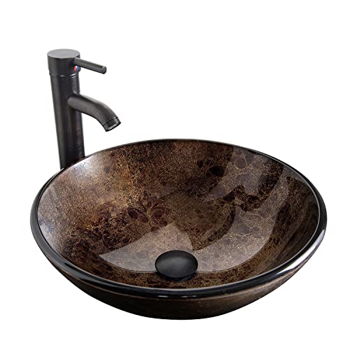 Bathroom Vessel Sink with Faucet Mounting Ring and Pop Up Drain 16.5" Round Bowl Basin,Brown