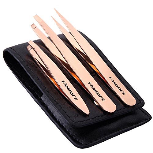 FAMILIFE 3-Piece Best 100% Stainless Steel Tweezers Set with Gift Box Travel Leather Case L08
