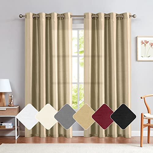 Vangao Silk Curtains 84 Inches Long 2 Panels for Living Room Bedroom Taupe Faux Satin Semi-Sheer Grommet Top Window Drapes