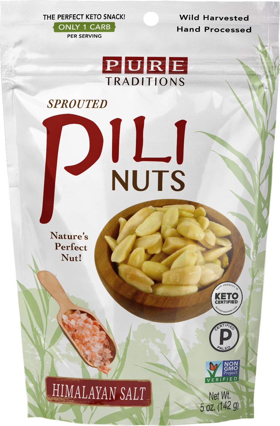 Book Cover Wild Sprouted Pili Nuts, (5 oz Bag) with Himalayan Salt and Organic Coconut MCT Oil, Perfect Keto Friendly Snack, Vegan, Low Carb Energy, No Sugar Added, Ketogenic Fat Superfood, Gluten/Soy/Dairy Free Himalayan Salt 5 Ounce (Pack of 1)