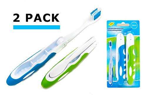 Book Cover Travel Toothbrush, On The Go Folding Feature, medium bristle brushes (2 pack) (Blue-Green)