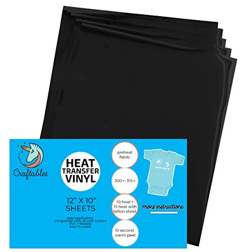Craftables Black Heat Transfer Vinyl HTV - 5 Sheets Easy to Weed Tshirt Iron on Vinyl for Silhouette Cameo, Cricut, All Craft Cutters. Ships Flat