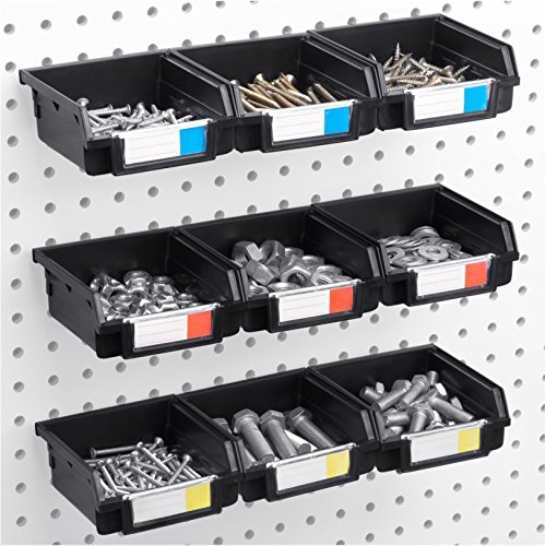 Pegboard Bins - 9 Pack Black - Hooks to Any Peg Board - Organize Hardware, Accessories, Attachments, Workbench, Garage Storage, Craft Room, Tool Shed, Hobby Supplies, Small Parts