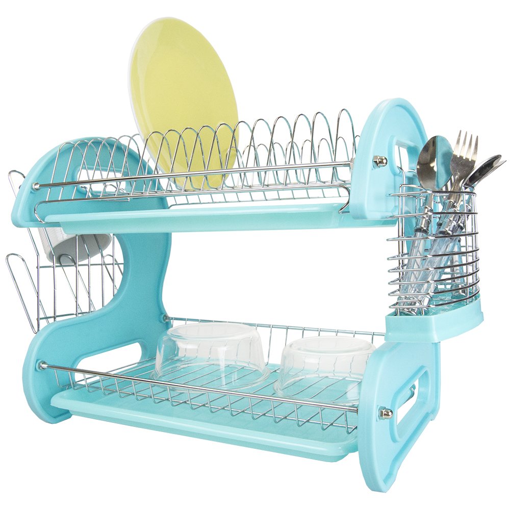 Book Cover Home Basics 2 Tier Dish Drainer (Turquoise) Dish Rack for Kitchen Counter, with Cutlery Holder and Cup Slots 1 Turquoise