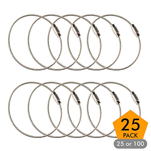 Book Cover Stainless Steel Wire Keychains 1.5mm 6.3 Inches Aircraft Cable Key Ring Loops for Hanging Luggage Tags or ID Tags (25 Pack)