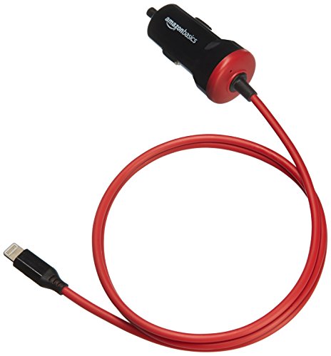 Book Cover Amazon Basics Straight Cable Lightning Car Charger, 5V 12W, 3 Foot, Black and Red