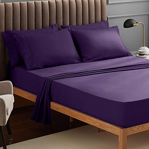 Book Cover VEEYOO Bed Sheet Twin XL - Purple Fitted Sheets Set Deep Pocket, Luxury 1800 Brushed Microfiber Bed Set Extra Soft - 3 Piece, Purple