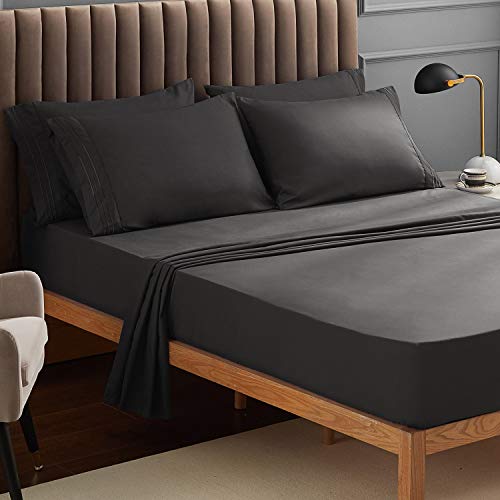 Book Cover VEEYOO Queen Bed Sheet Set - Charcoal Fitted Sheets Set Deep Pocket, Luxury 1800 Brushed Microfiber Bed Set Extra Soft - 4 Piece, Charcoal
