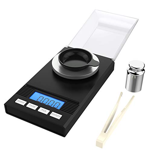 Book Cover homgeek 50g / 0.001g Milligram Scales, Digital Pocket Scales Reloading Jewelry Scale Digital Weight with Calibration Weights Tweezers and Weighing Pans