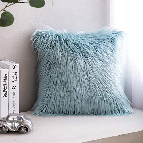 Book Cover Phantoscope Faux Fur Pillow Cover Decorative Fluffy Throw Pillow Mongolian Luxury Fuzzy Pillow Case Cushion Cover for Bedroom and Couch,Light Blue 18 x 18 Inches