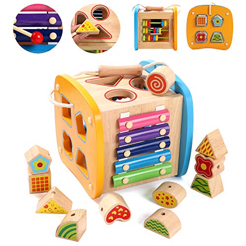 Lewo Wooden Shapes Sorter Activity Centers Lacing Beads Early Development Toys for Toddlers