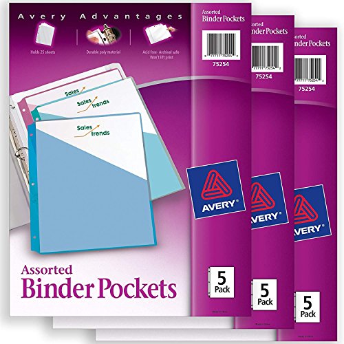 Book Cover Avery Binder Pockets, Assorted Colors, 8.5