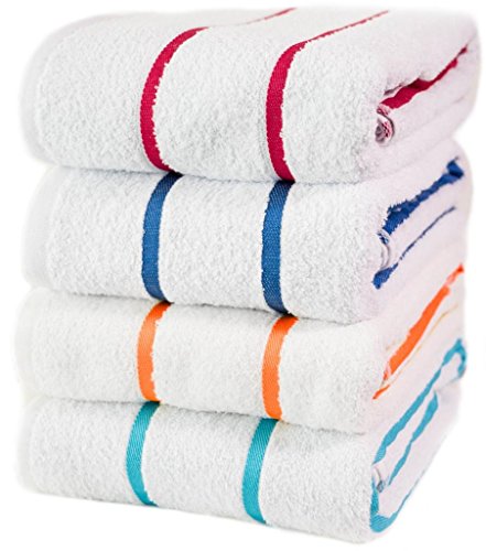Book Cover 100% USA Cotton - Family variety pack of 4 Pool-Beach Striped Towels, 30â€x60â€. Blue Turqoise Red Yellow. Sold to major hotels in the USA, Caribbean. (Multi-Color 4 Pack)