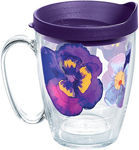 Tervis Watercolor Pansy Insulated Tumbler with Wrap and Royal Purple Lid, 16oz Mug, Clear