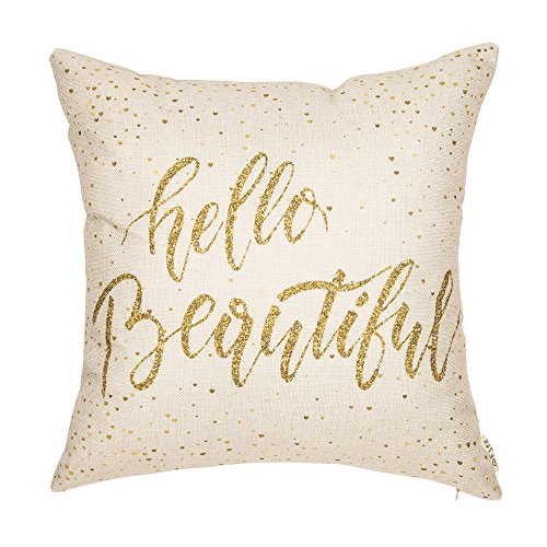 Book Cover Fjfz Girl Nursery Décor Hello Beautiful Motivational Sign Inspirational Quote Girly Decoration Cotton Linen Home Decorative Throw Pillow Case Cushion Cover for Sofa Couch, 18