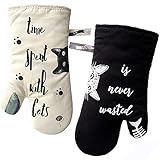 GREVY Oven Mitts Heat Resistant Cooking Glove 100% Cotton Lining 12"(Ivory and Black Cat,Potholder Kitchen Gloves,Set of 2)